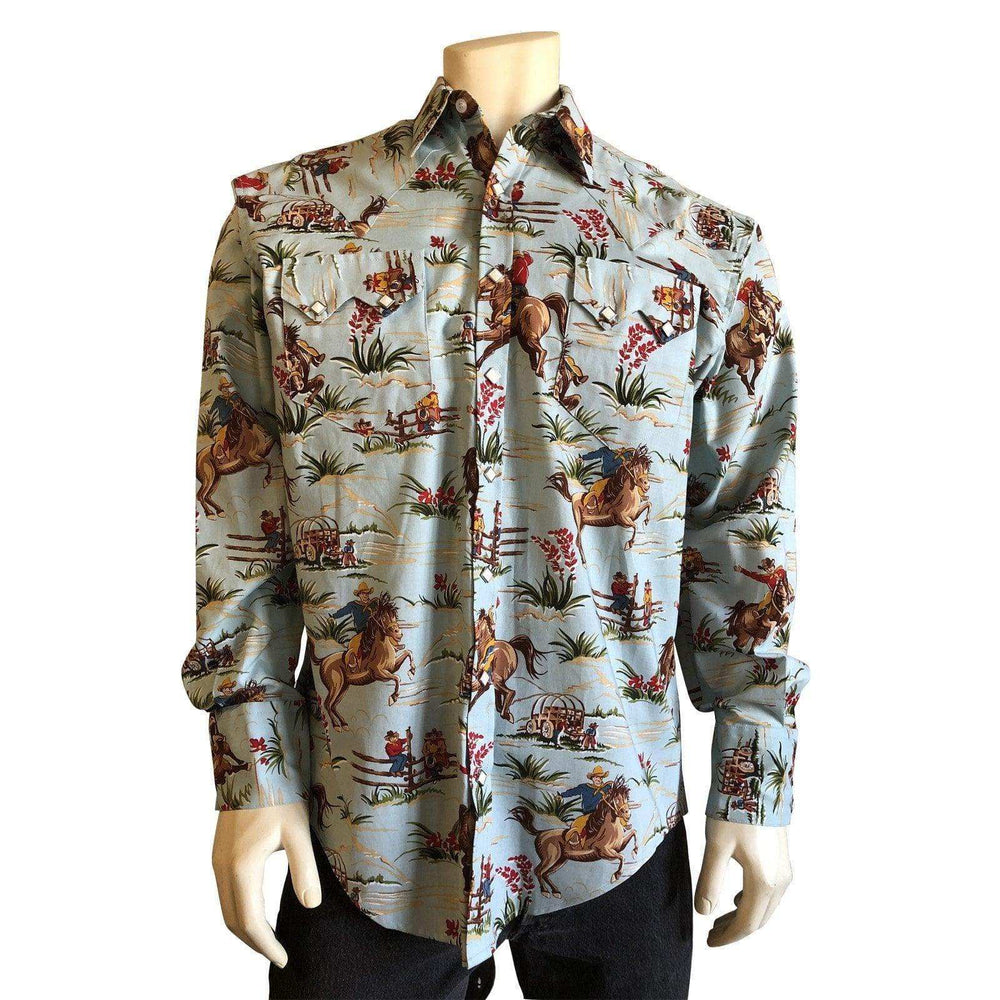 Men’s Vintage Western Print Light Blue Shirt - Rockmount Clothing - Flyclothing LLC