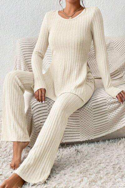 Ribbed Long Sleeve Slit Top and Bootcut Pants Set - Trendsi - Flyclothing LLC