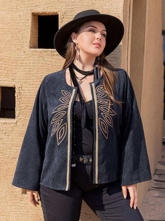 Plus Size Embroidered Open Front Jacket - Trendsi - Flyclothing LLC