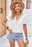 Eyelet V-Neck Petal Sleeve T-Shirt - Trendsi - Flyclothing LLC