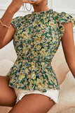 Floral Mock Neck Flutter Sleeve Peplum Top - Trendsi - Flyclothing LLC