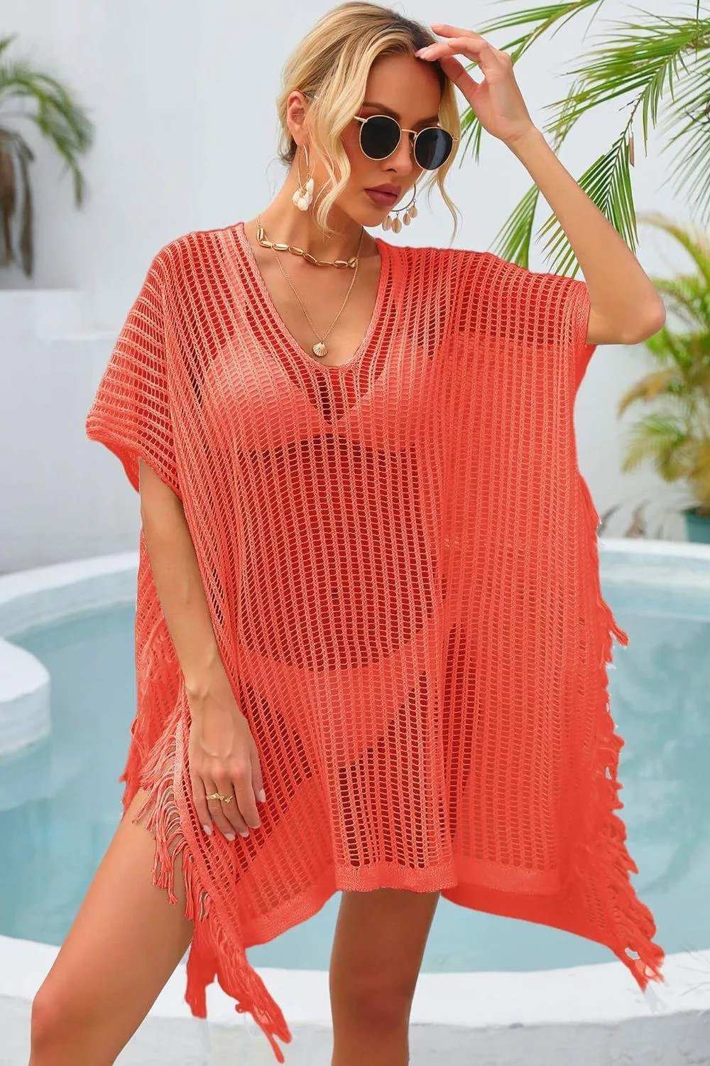 Fringe Trim Openwork Cover Up - Trendsi - Flyclothing LLC