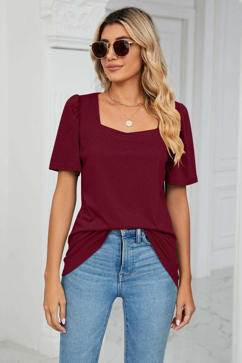 Square Neck Puff Sleeve Tee Shirt - Trendsi - Flyclothing LLC