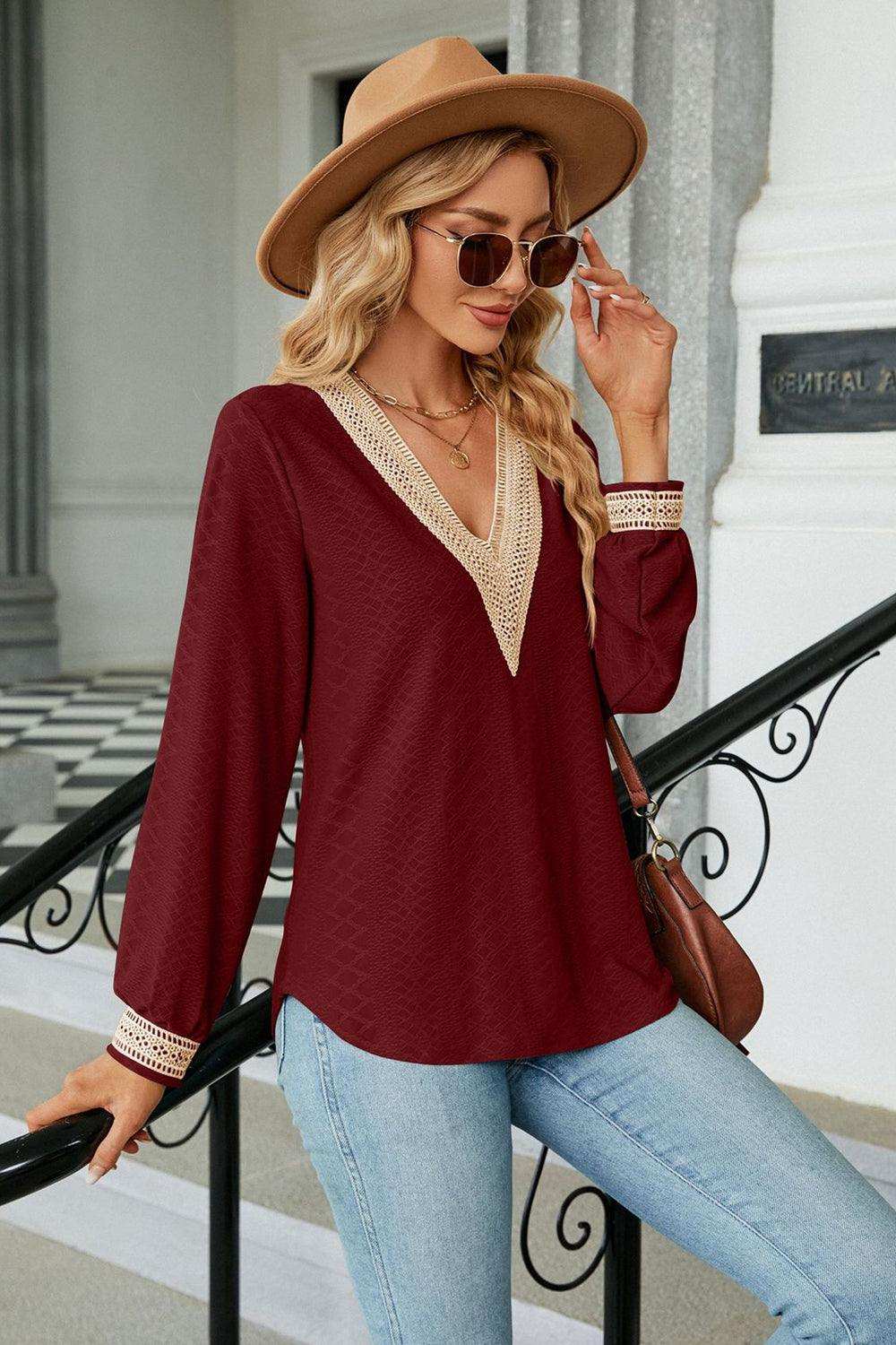 V-Neck Long Sleeve Blouse - Trendsi - Flyclothing LLC