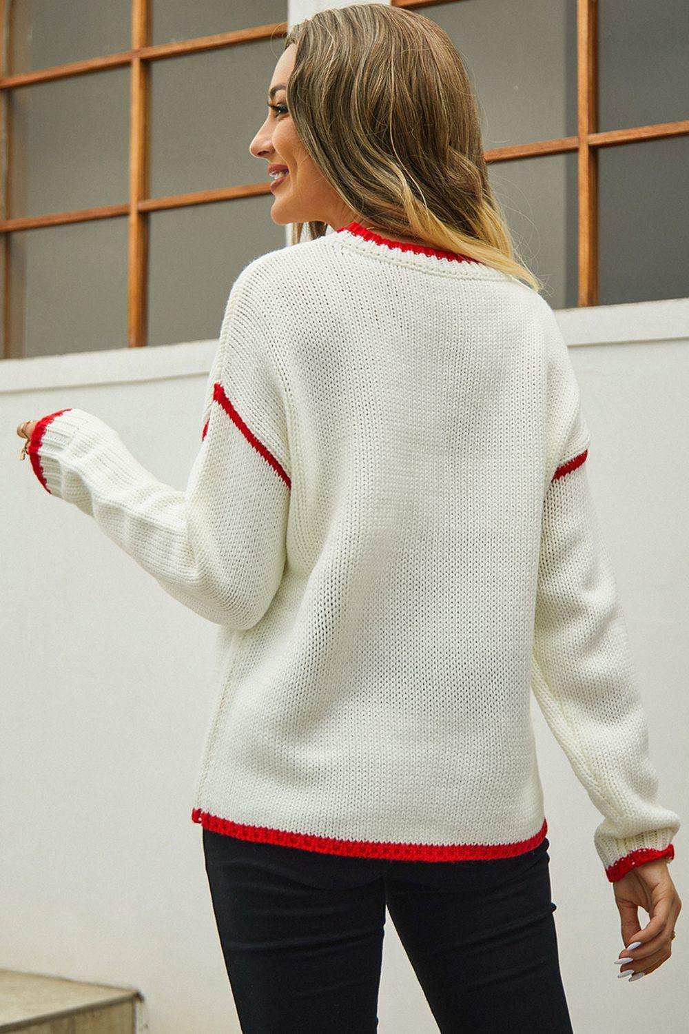 Round Neck Long Sleeve Waffle-Knit Sweater - Trendsi - Flyclothing LLC
