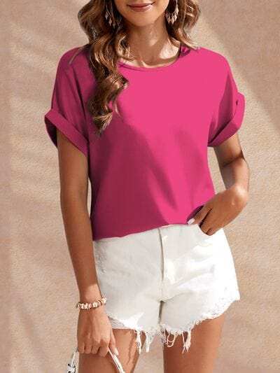 Round Neck Short Sleeve Blouse - Trendsi - Flyclothing LLC