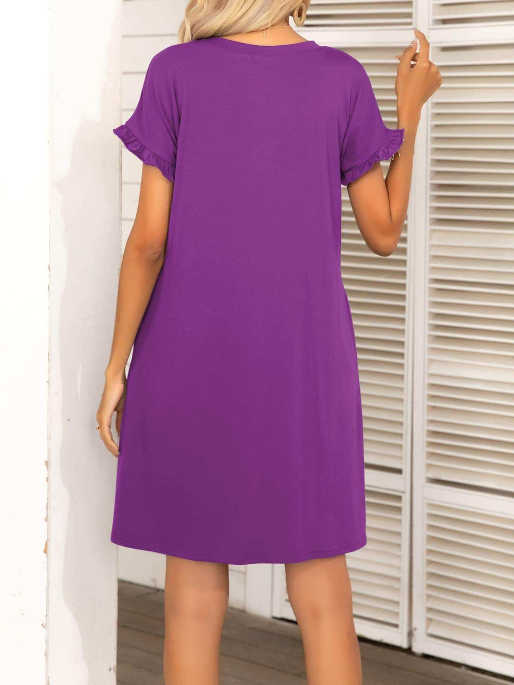 Round Neck Flounce Sleeve Dress with Pockets - Trendsi - Flyclothing LLC