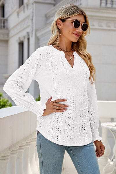 Eyelet Notched Lantern Sleeve T-Shirt - Trendsi - Flyclothing LLC