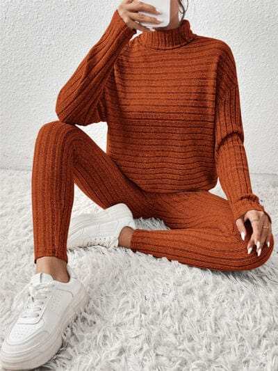 Ribbed Turtleneck Top and Pants Set - Trendsi - Flyclothing LLC