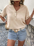 Buttoned Notched Neck Cuffed Sleeve Blouse - Trendsi - Flyclothing LLC