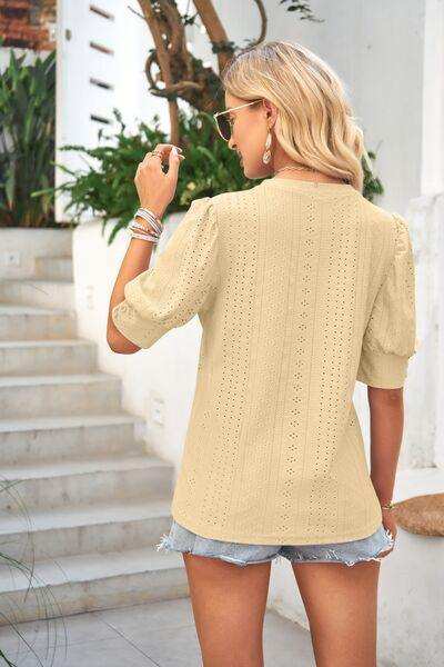 Openwork Round Neck Short Sleeve Blouse - Trendsi - Flyclothing LLC
