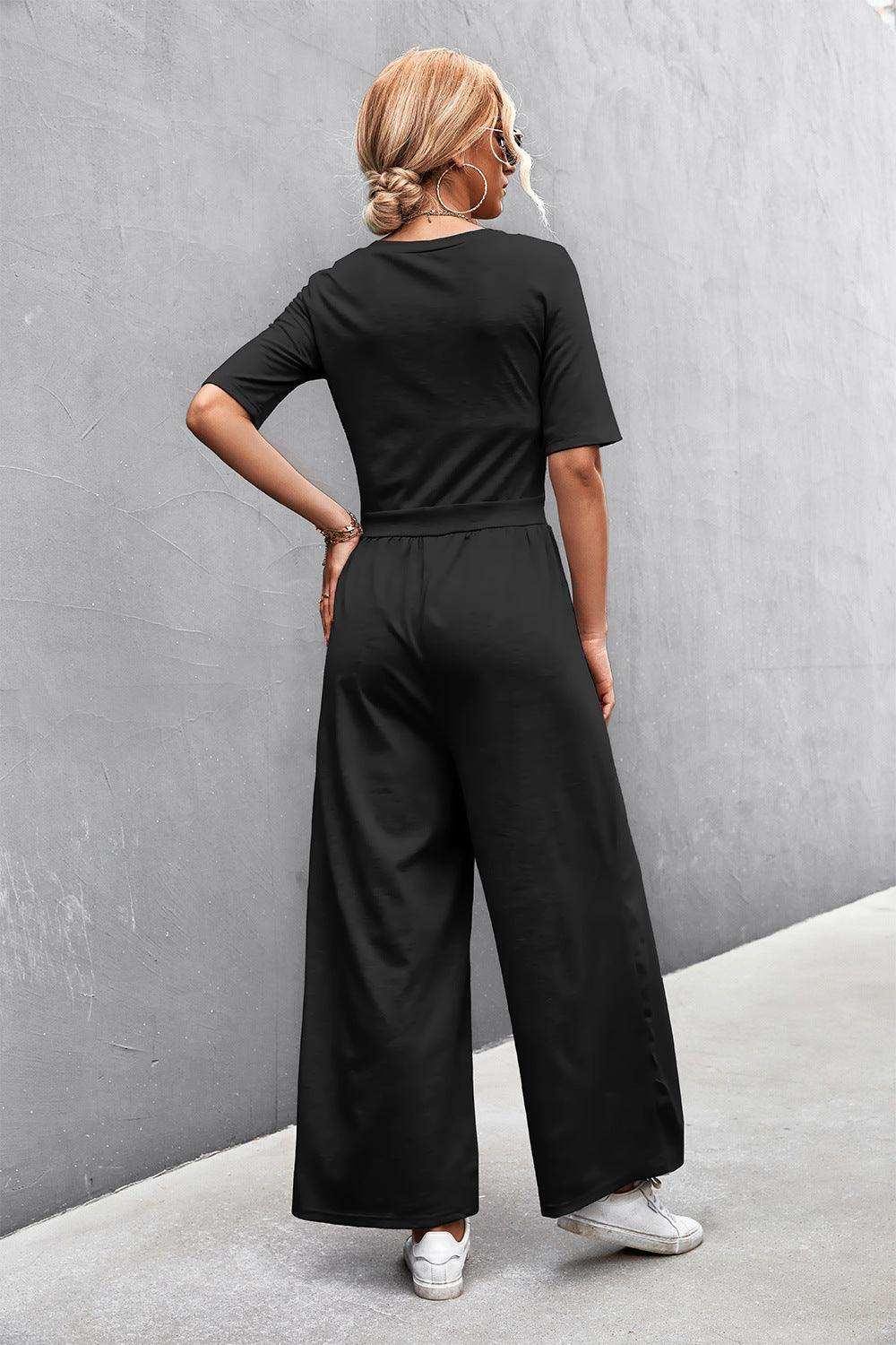 Scoop Neck Half Sleeve Wide Leg Jumpsuit - Trendsi - Flyclothing LLC