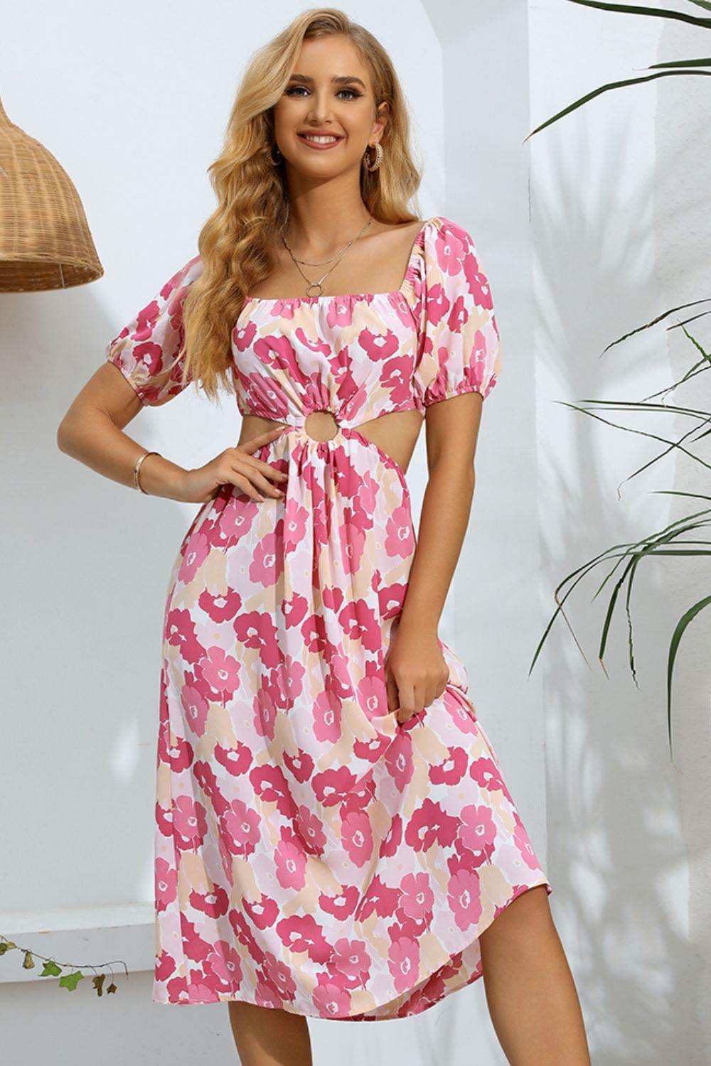 Floral Cutout Square Neck Puff Sleeve Dress - Trendsi - Flyclothing LLC