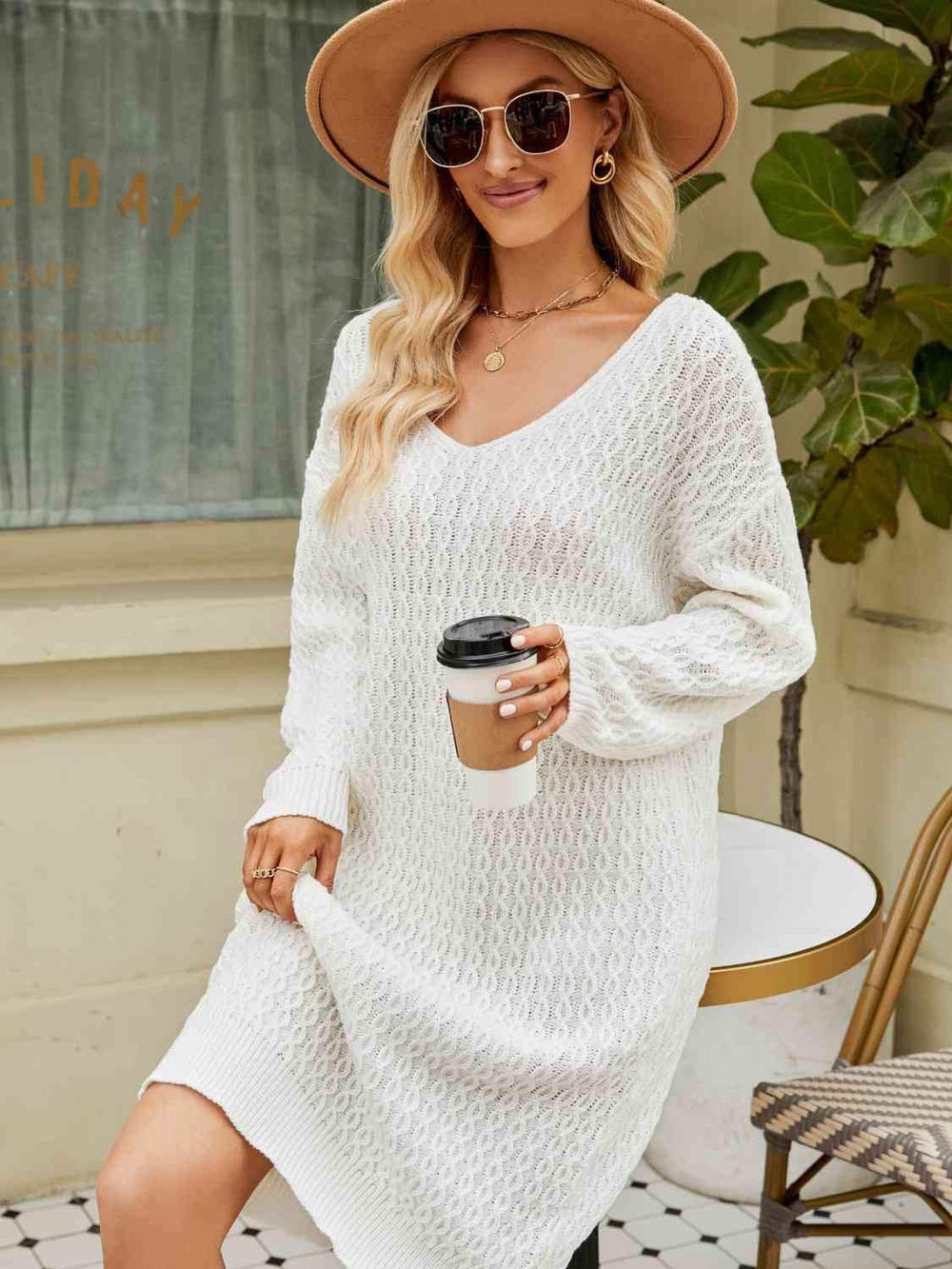 V-Neck Long Sleeve Sweater Dress - Trendsi - Flyclothing LLC