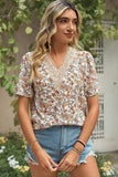 Floral V-Neck Short Sleeve T-Shirt - Trendsi - Flyclothing LLC
