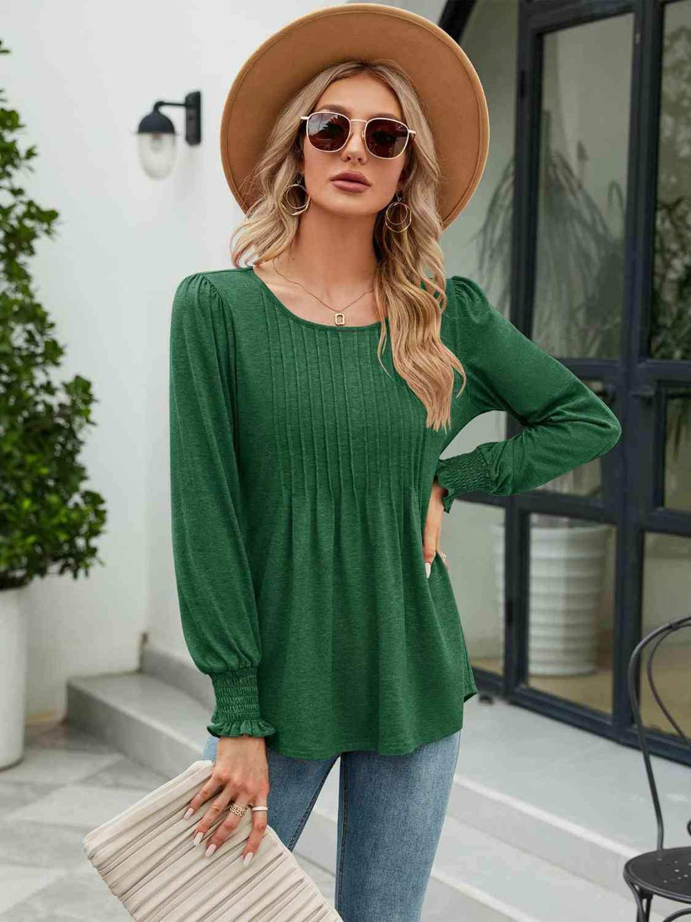 Smocked Round Neck Lantern Sleeve Blouse - Trendsi - Flyclothing LLC