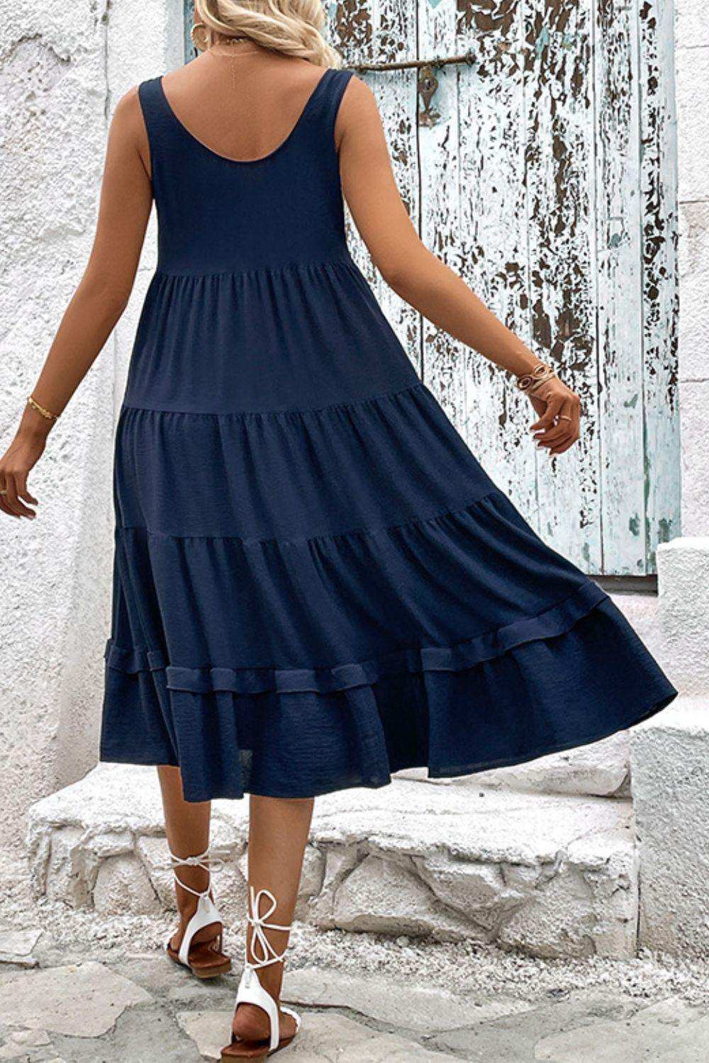 Decorative Button Scoop Neck Tiered Sleeveless Dress - Trendsi - Flyclothing LLC