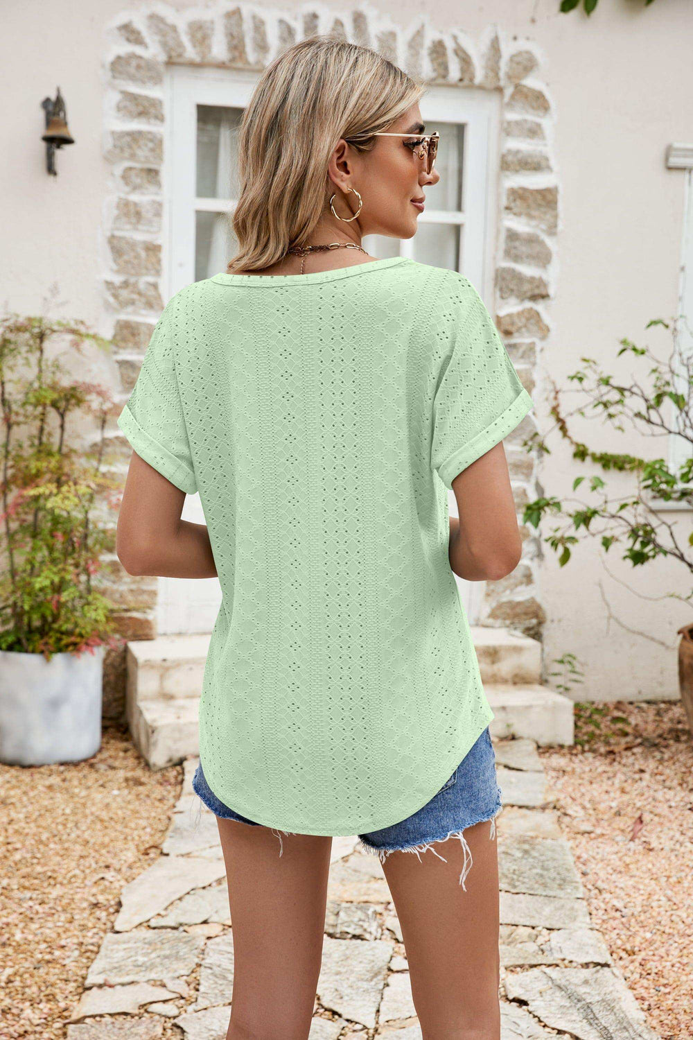 Full Size Round Neck Eyelet Short Sleeve Top - Trendsi - Flyclothing LLC