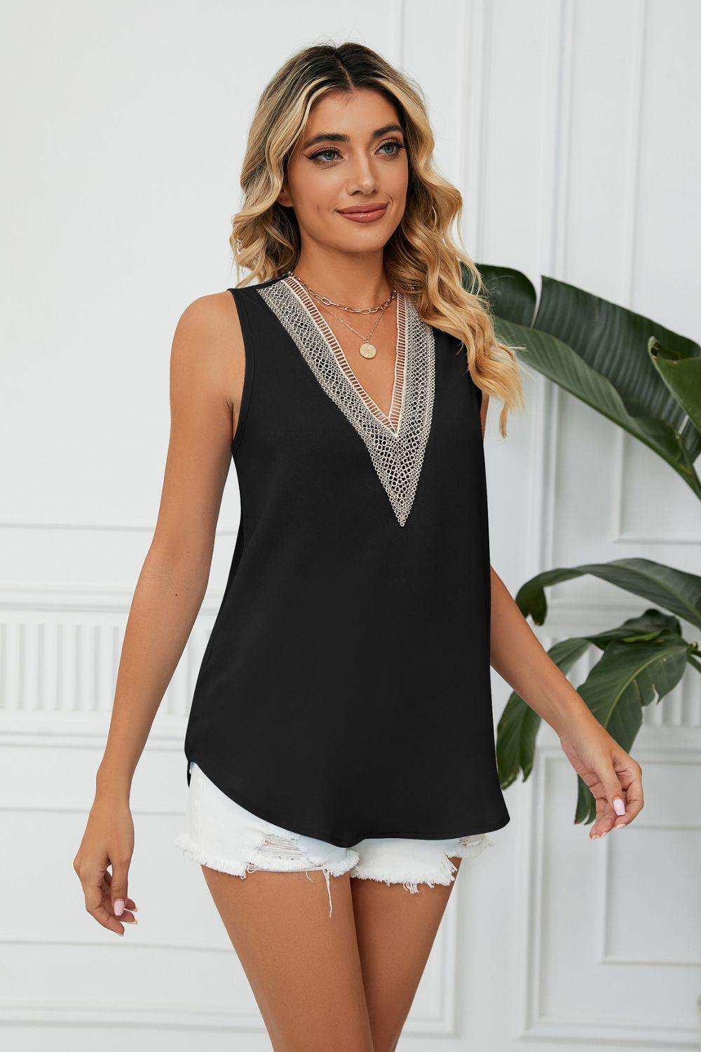 Contrast Trim Plunge Sleeveless Blouse - Trendsi - Flyclothing LLC