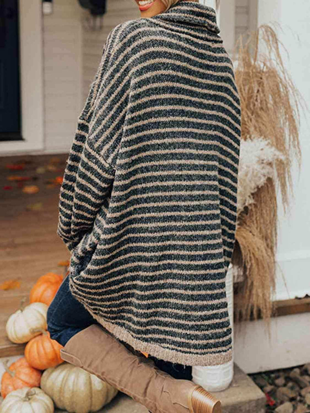 Striped Turtleneck Sweater with Pockets - Trendsi - Flyclothing LLC
