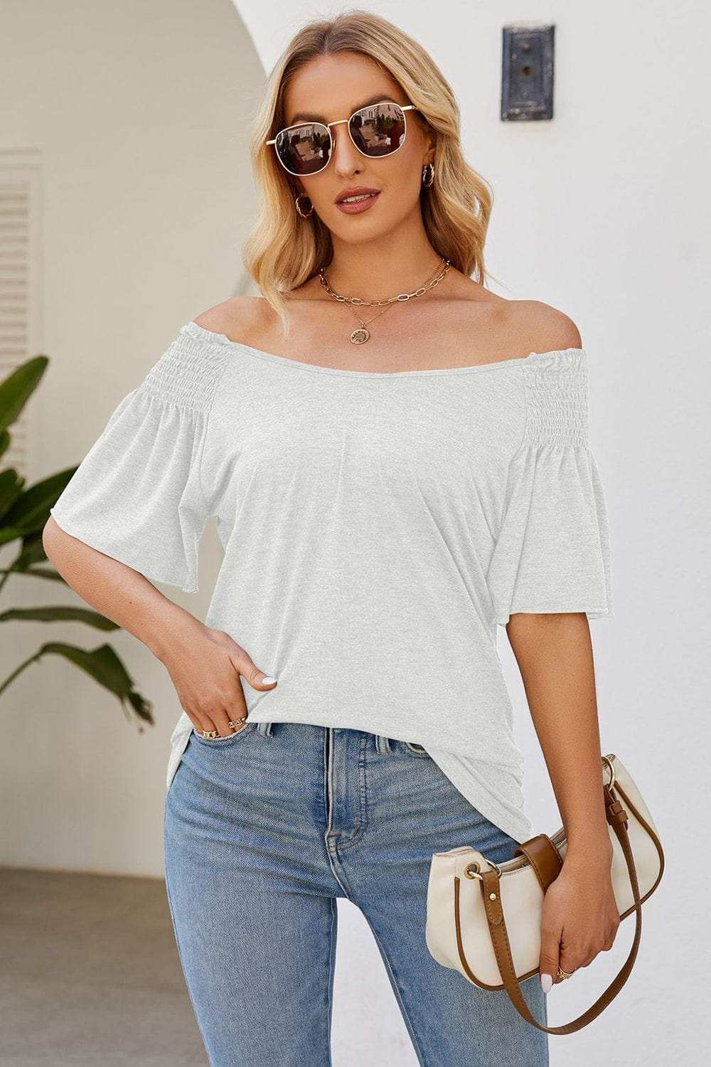 Smocked Round Neck Flutter Sleeve T-Shirt - Trendsi - Flyclothing LLC
