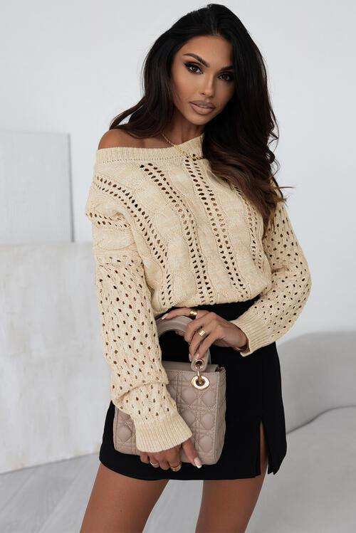 Full Size Openwork Cable-Knit Round Neck Knit Top - Trendsi - Flyclothing LLC