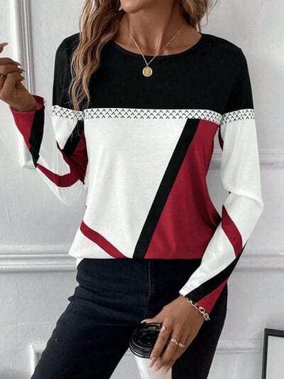 Contrast Round Neck Long Sleeve T-Shirt - Trendsi - Flyclothing LLC
