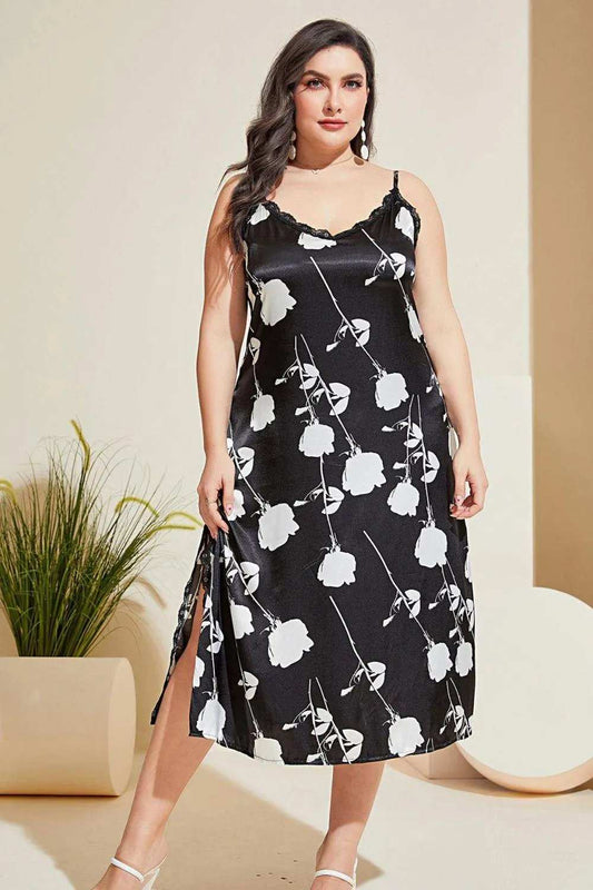 Plus Size Floral Lace Trim Side Slit Night Dress - Trendsi - Flyclothing LLC