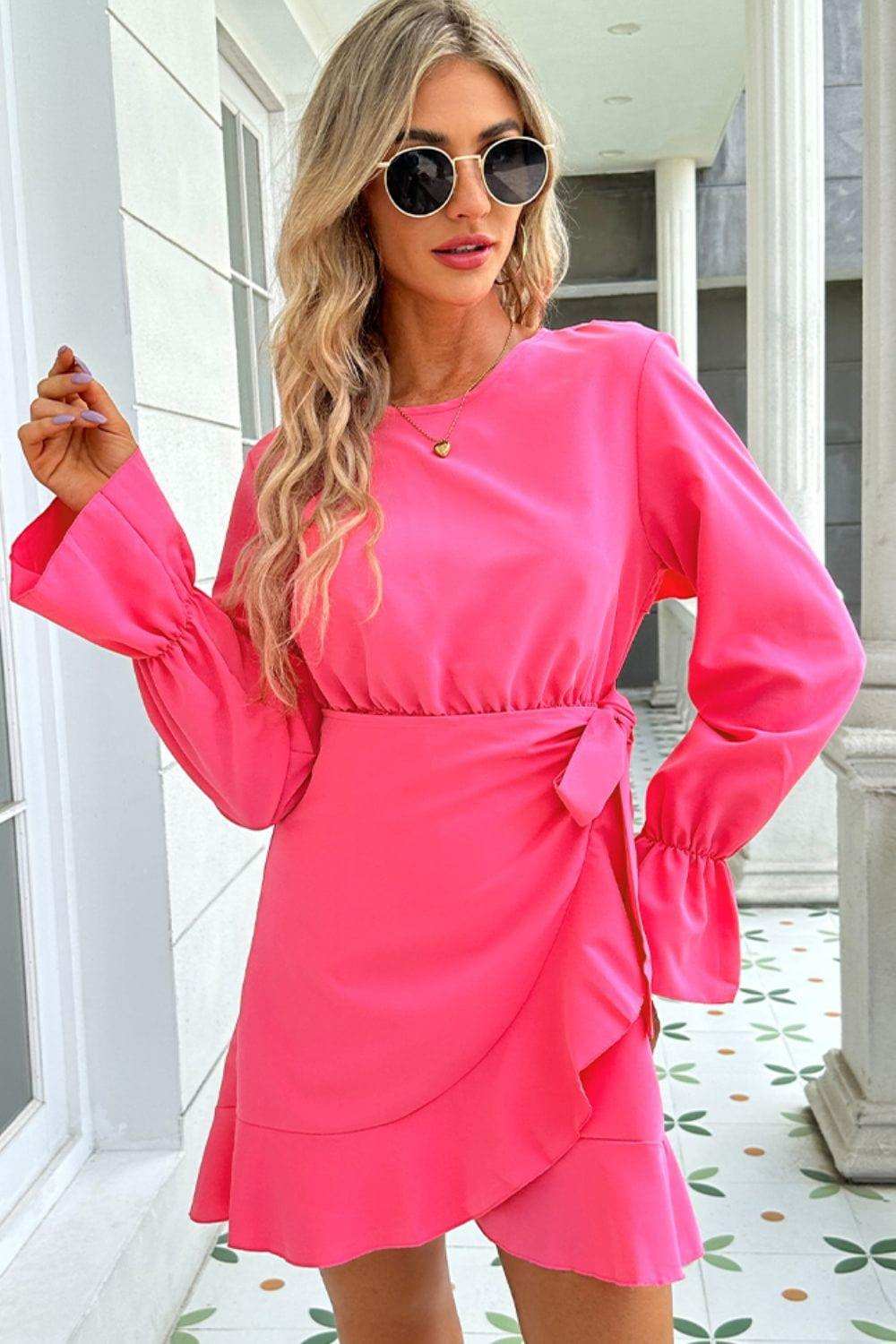 Round Neck Flounce Sleeve Ruffle Hem Mini Dress - Trendsi - Flyclothing LLC
