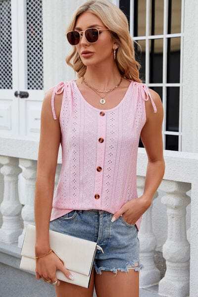 Eyelet Round Neck Wide Strap Tank - Trendsi - Flyclothing LLC