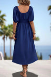 Square Neck Smocked Waist Puff Sleeve Midi Dress - Trendsi - Flyclothing LLC