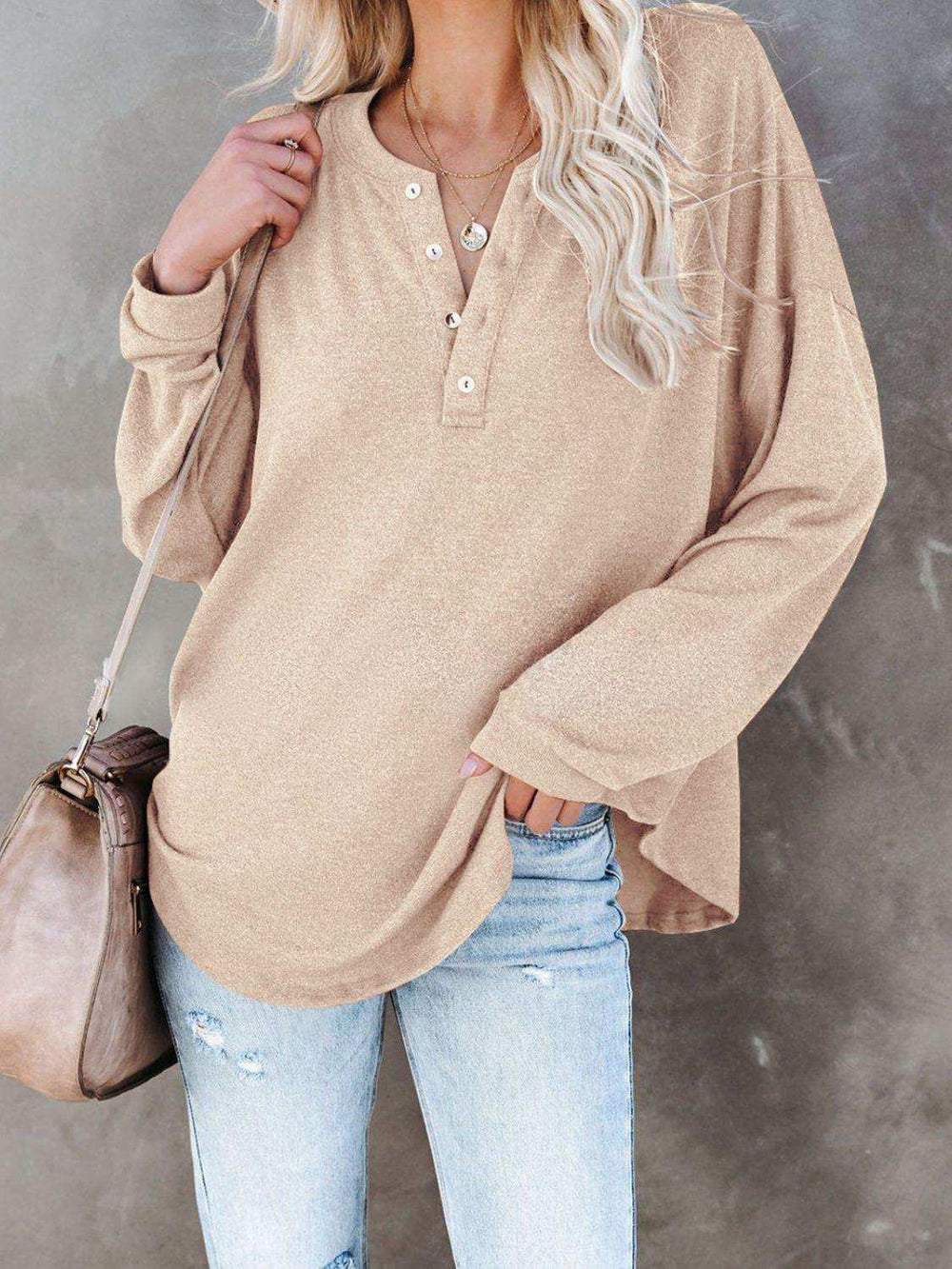 Buttoned Drop Shoulder Top - Trendsi - Flyclothing LLC