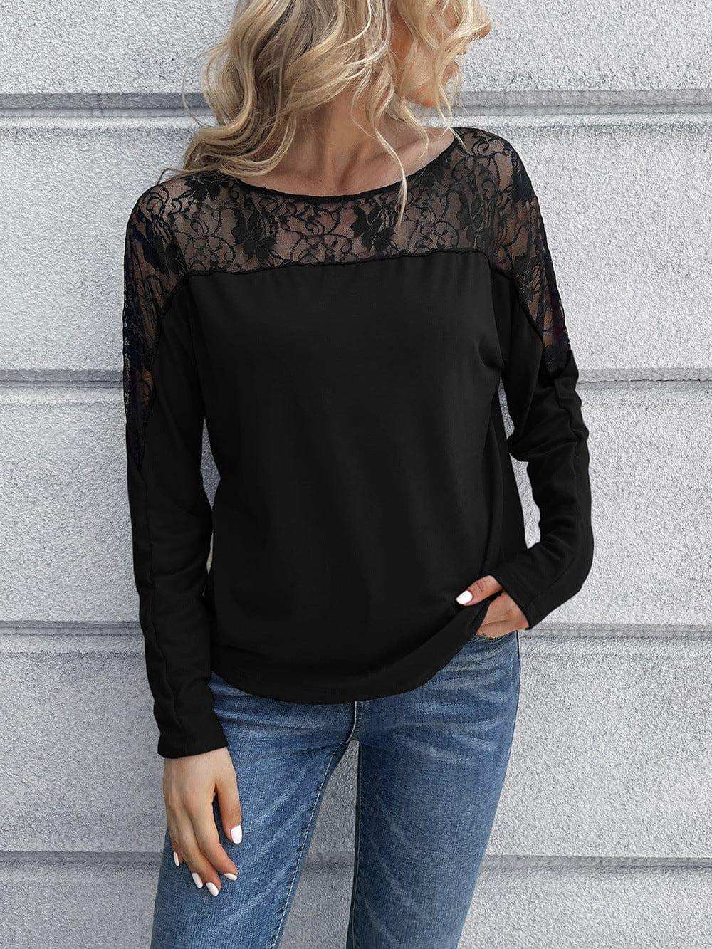Lace Long Sleeve Round Neck Tee - Trendsi - Flyclothing LLC