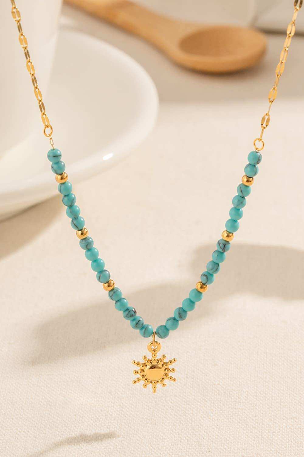 Turquoise Beaded 18K Gold-Plated Sun Shape Pendant Necklace - Trendsi - Flyclothing LLC