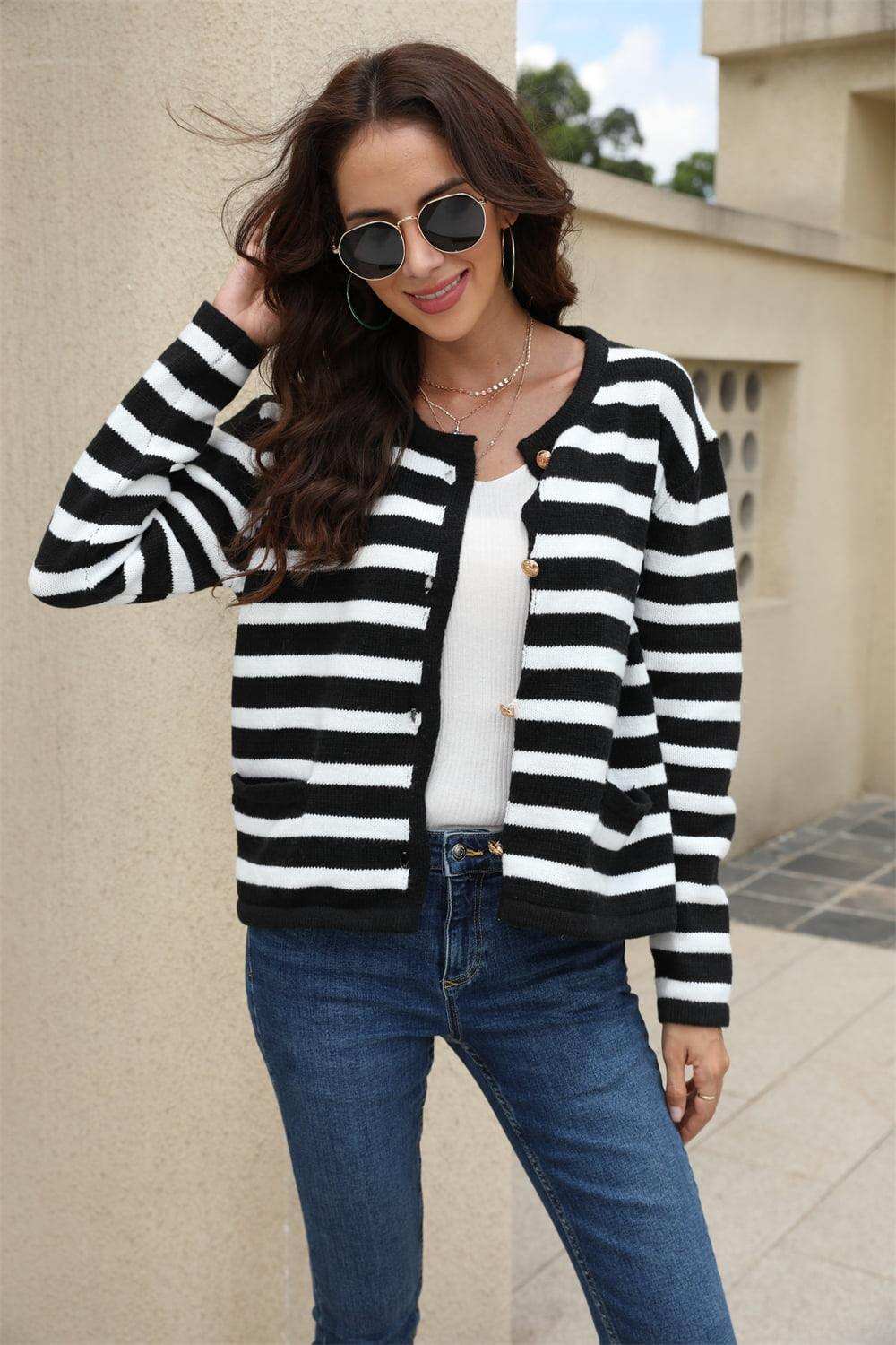 Striped Round Neck Button-Down Dropped Shoulder Cardigan - Trendsi - Flyclothing LLC