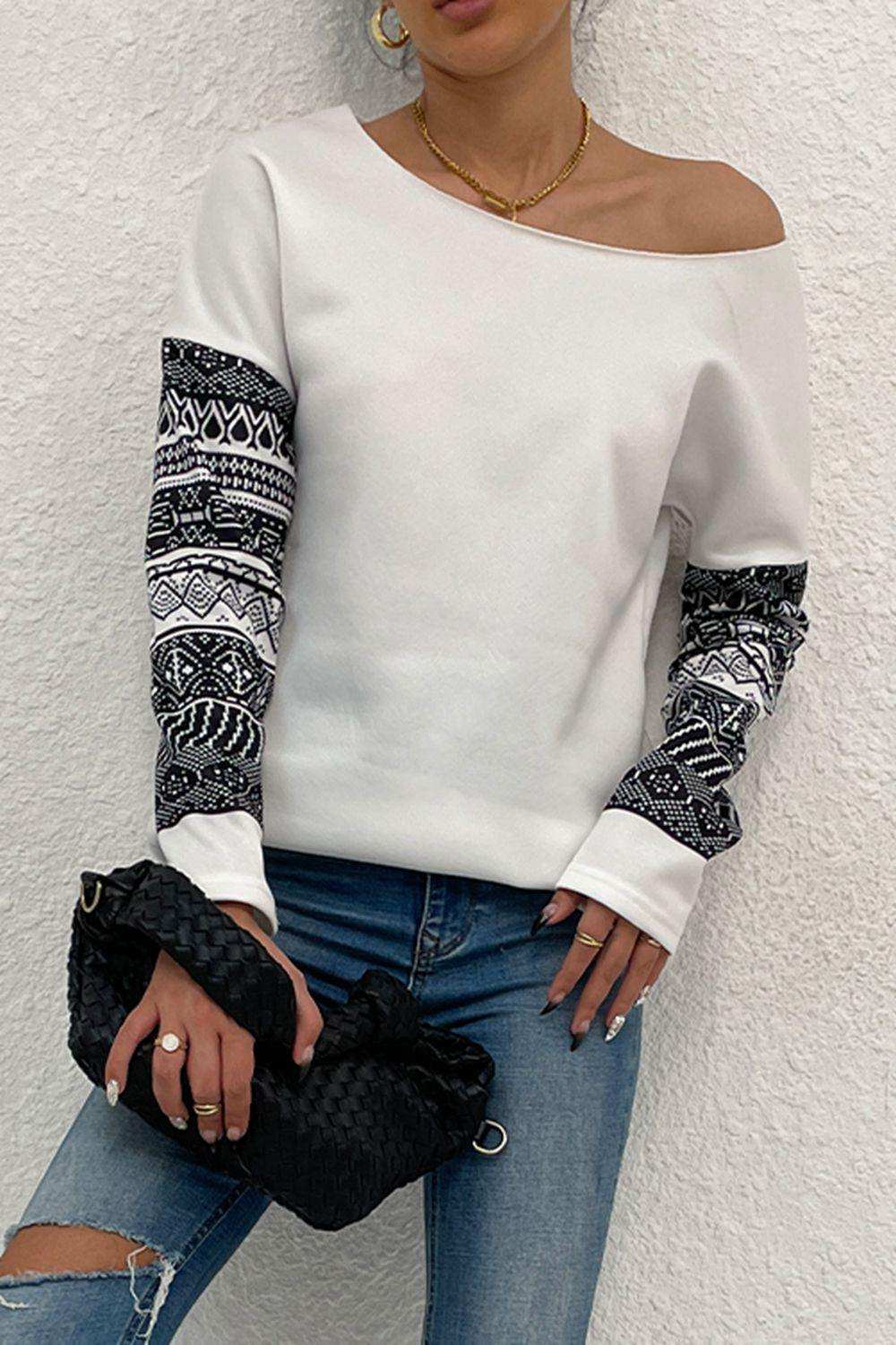 Boat Neck Long Printed Sleeve Blouse - Trendsi - Flyclothing LLC