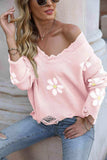 Flower Distressed Long Sleeve Sweater - Trendsi - Flyclothing LLC