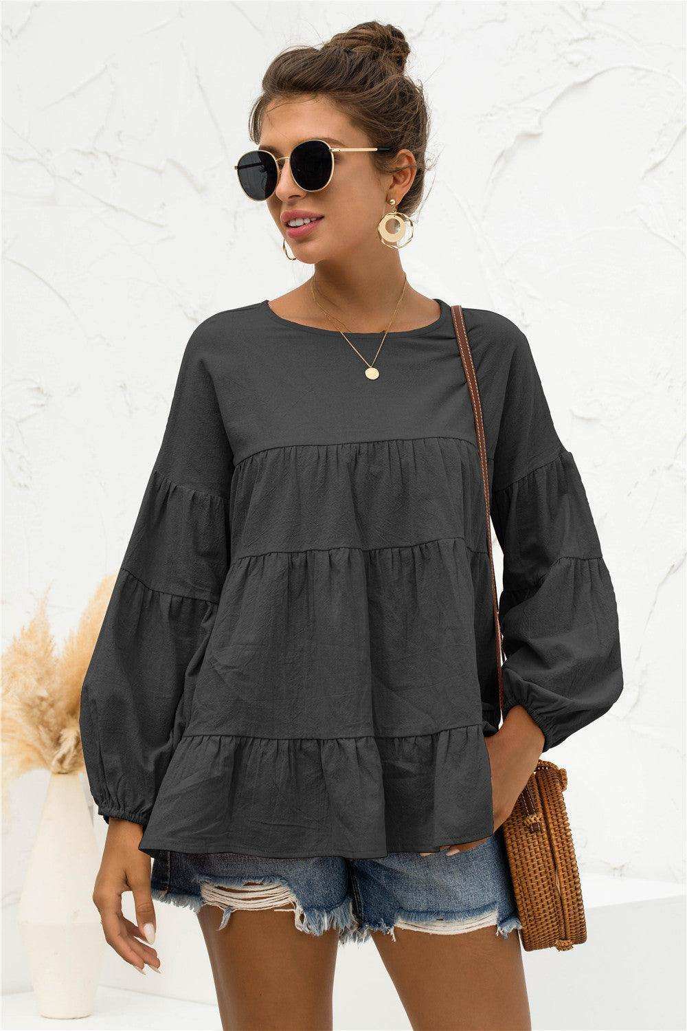 Round Neck Bubble Sleeve Tiered Blouse - Trendsi - Flyclothing LLC
