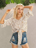 Tied Printed Button Up V-Neck Blouse - Trendsi - Flyclothing LLC