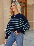 Round Neck Striped Lantern Sleeve Sweater - Trendsi - Flyclothing LLC