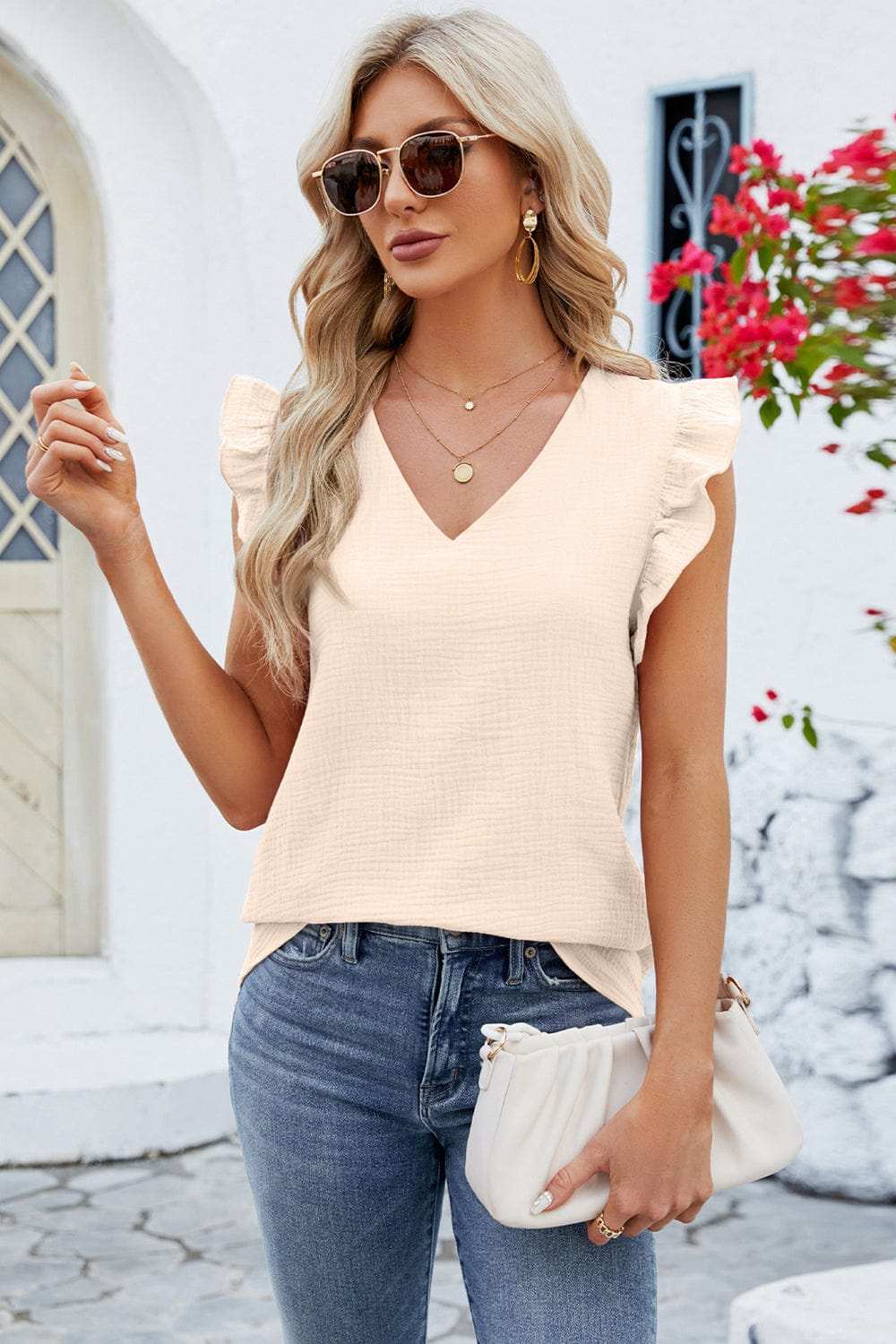 Ruffled V-Neck Cap Sleeve Blouse - Trendsi - Flyclothing LLC