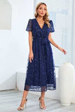 Sequin Leaf Embroidery Tie Front Short Sleeve Dress - Trendsi - Flyclothing LLC