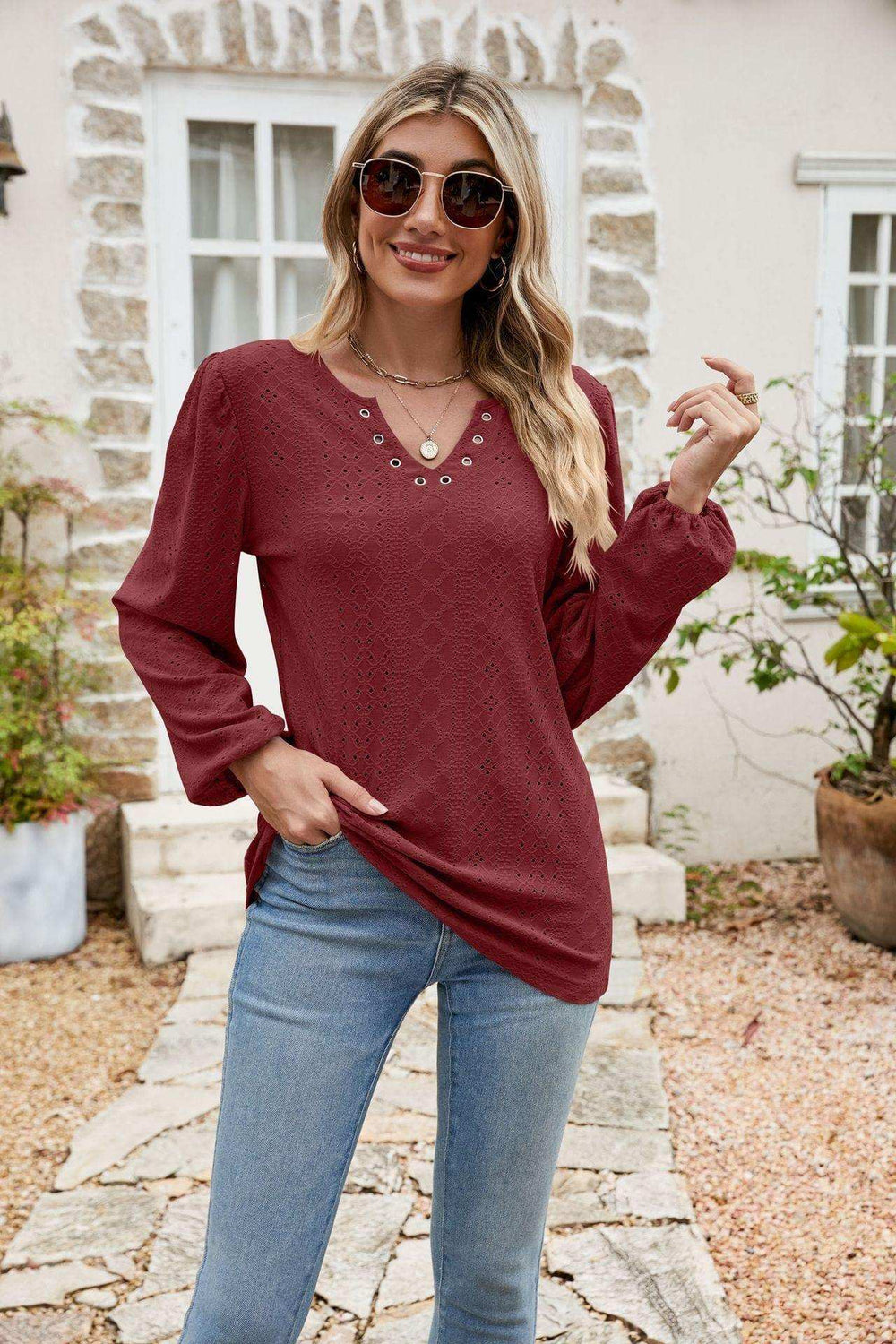 Eyelet Notched Neck Balloon Sleeve Blouse - Trendsi - Flyclothing LLC