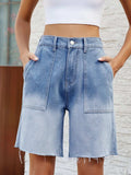 Buttoned Raw Hem Denim Shorts with Pockets - Trendsi - Flyclothing LLC