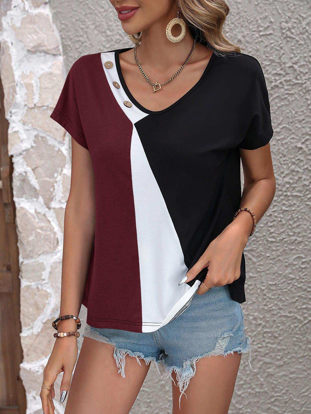 Color Block Decorative Button V-Neck Tee - Trendsi - Flyclothing LLC