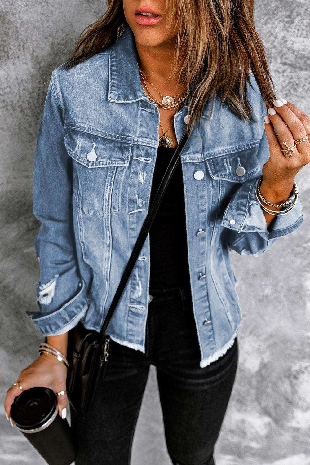 Distressed Raw Hem Denim Jacket - Trendsi - Flyclothing LLC