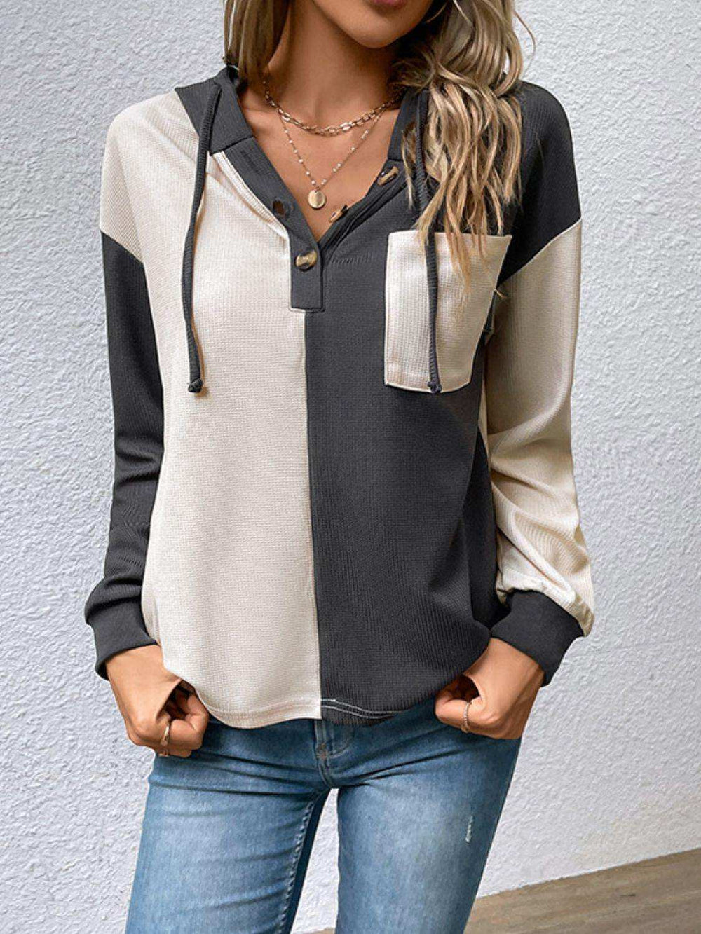 Contrast Color Button-Up Raglan Sleeve Hoodie - Trendsi - Flyclothing LLC