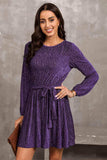 Round Neck Tie Front Long Sleeve Dress - Trendsi - Flyclothing LLC