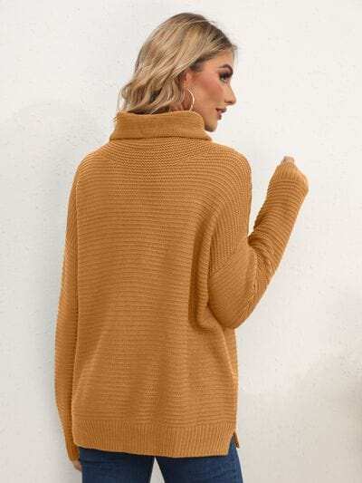Slit Turtleneck Dropped Shoulder Sweater - Trendsi - Flyclothing LLC
