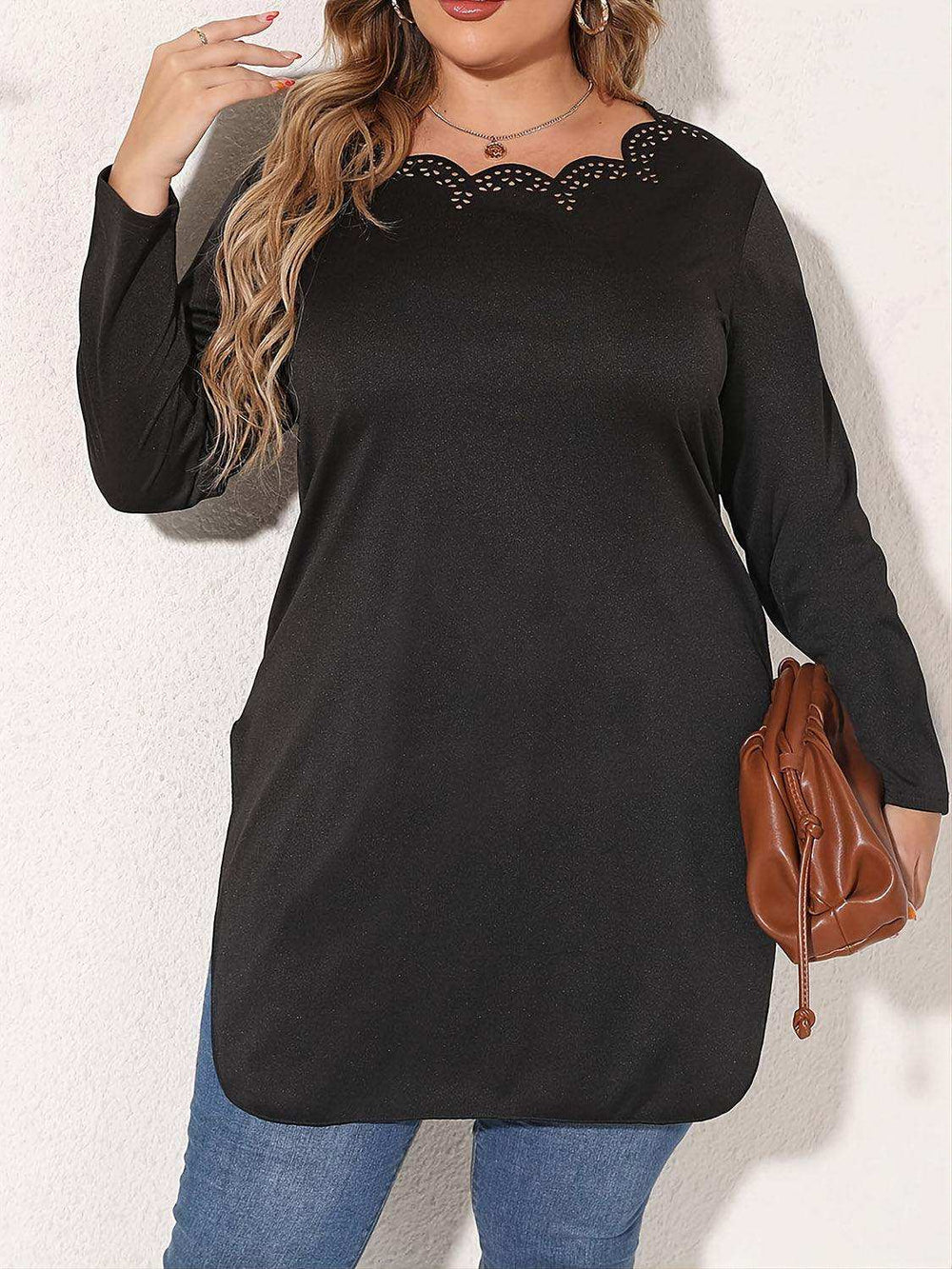 Plus Size Slit Long Sleeve T-Shirt - Trendsi - Flyclothing LLC